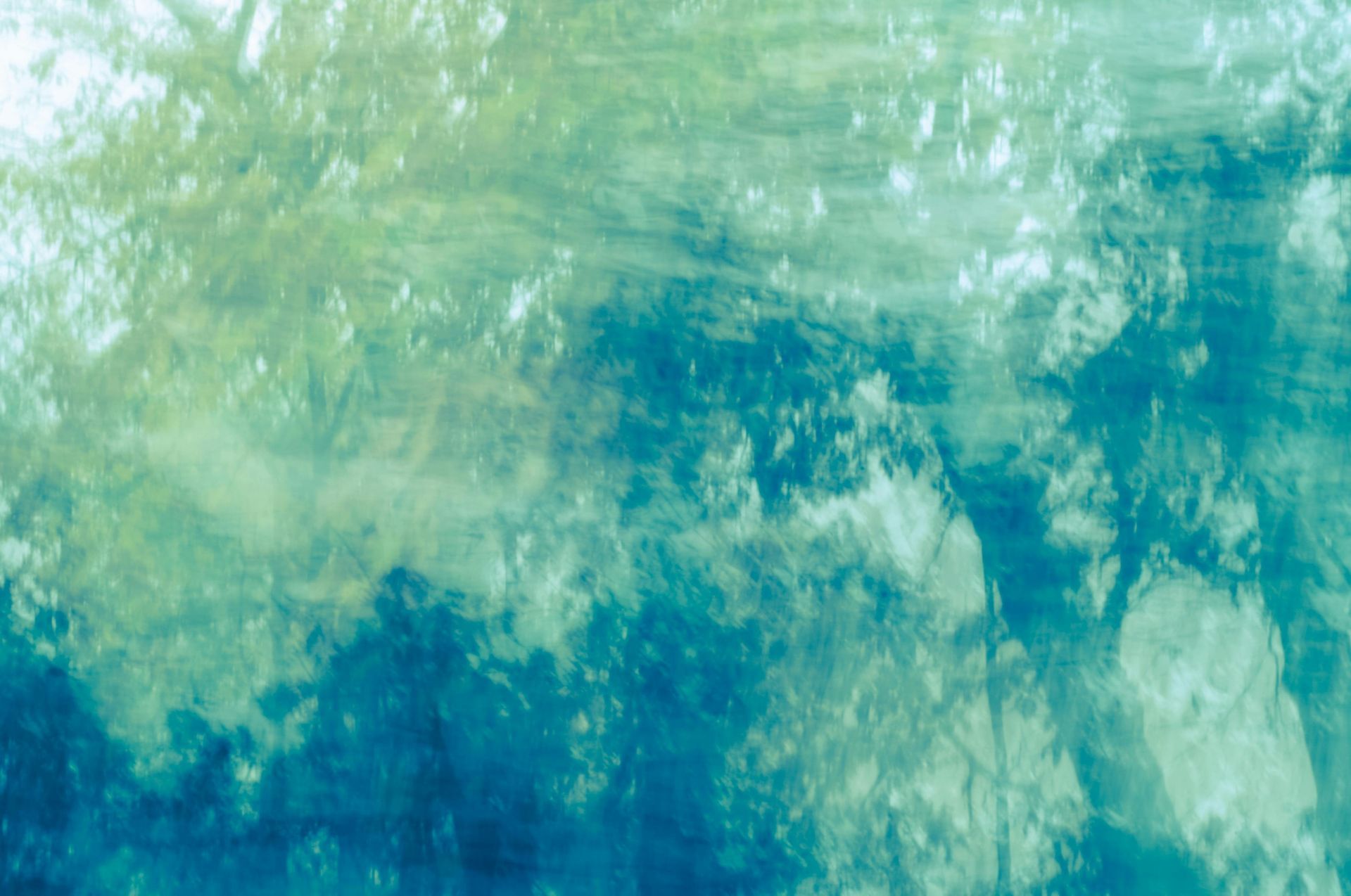 Abstract view of trees reflected on a water surface, showing layered textures in shades of teal, blue, and light green.