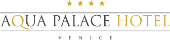 Logo dell'Aqua Palace Hotel con stelle dorate sopra e Venezia, Italia sotto.