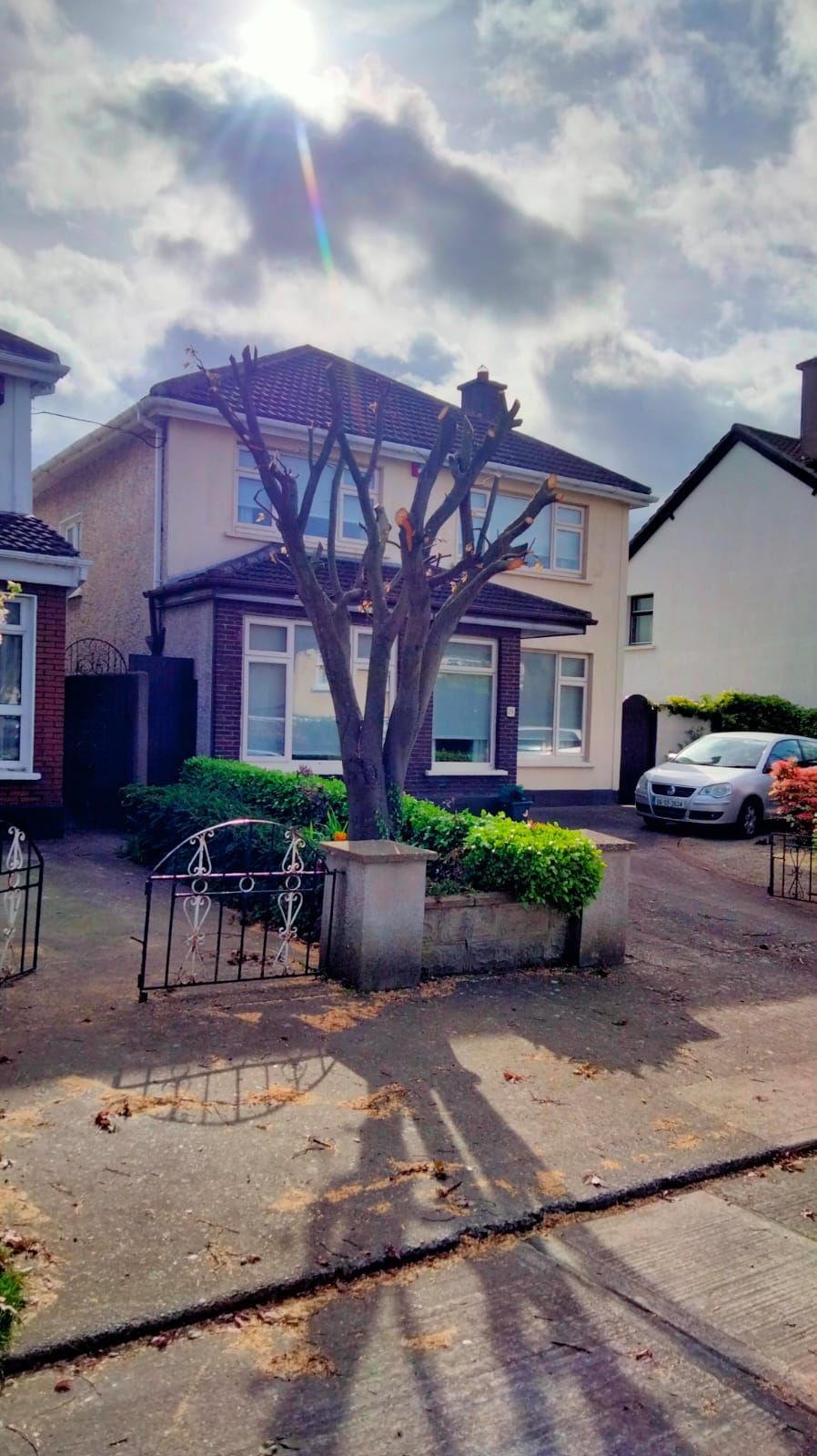 Two-story house with a trimmed tree in front, sunny day. Car parked in driveway.