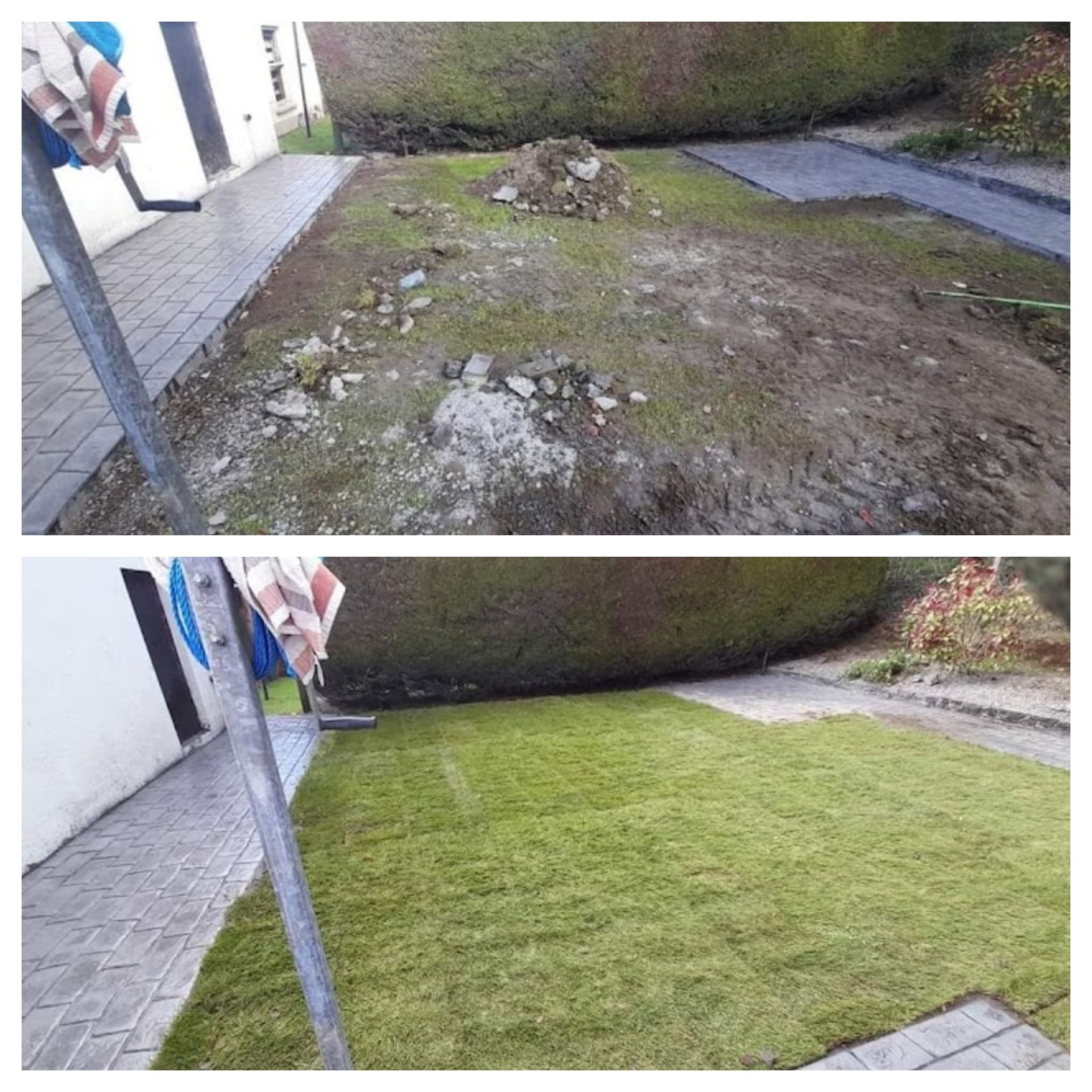Before-and-after of a lawn. Top: dirt, rocks, and patchy grass. Bottom: new green sod.
