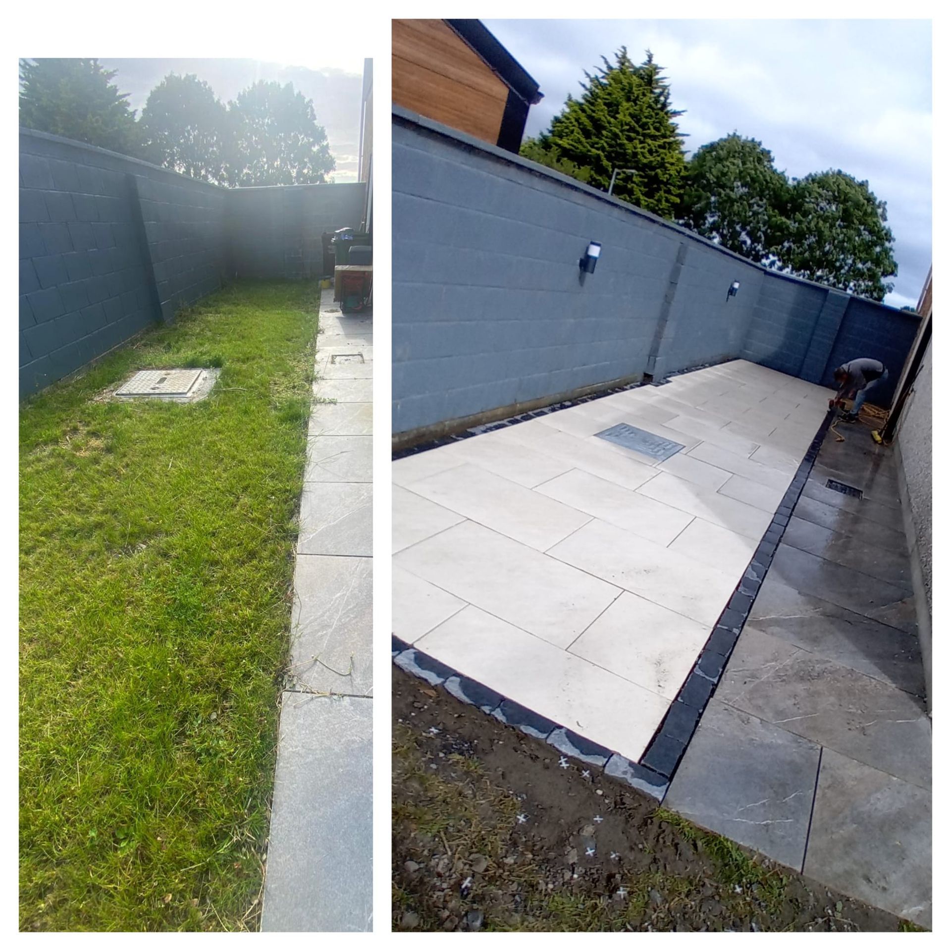Side-by-side comparison: garden area with grass and a paved patio area with a gray wall.