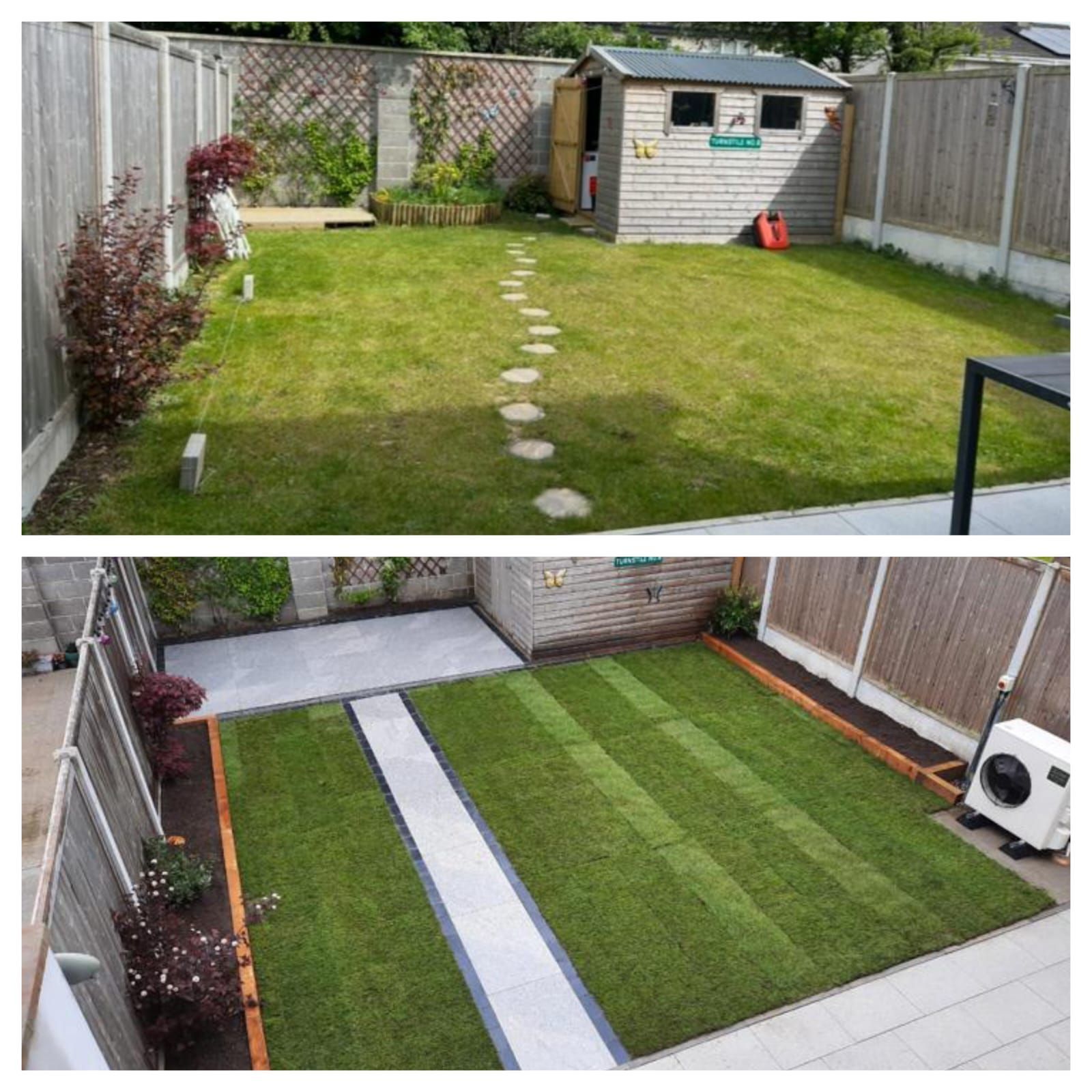 A before-and-after of a backyard: before with grass and stepping stones, after with patio, path, and striped lawn.
