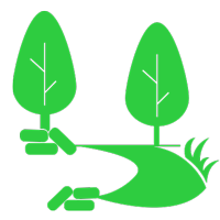 Two green trees beside a green path and grass, with several green rectangular objects at the path's edge.