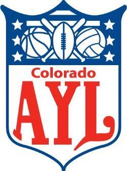 Colorado AYL logo with red letters on a white shield and blue sports graphics above