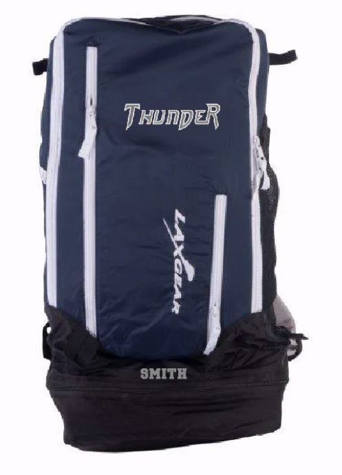 Blue and black Smith Thunder golf bag with white lettering and shoulder straps