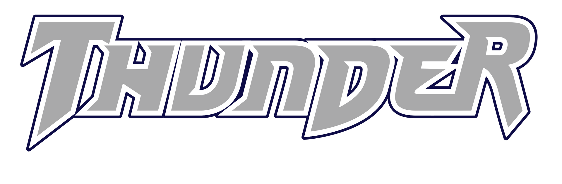 Stylized gray-and-white &ldquo;Thunder&rdquo; logo with bold italic lettering and a dark outline
