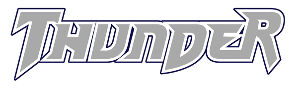 Stylized gray-and-white &ldquo;Thunder&rdquo; logo with bold italic lettering and a dark outline