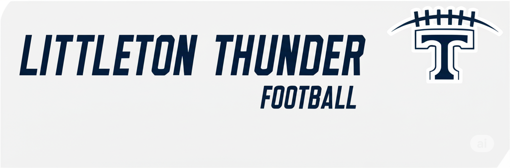 Littleton Thunder Football logo with navy text and a stylized white “T” on a light background