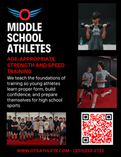 Middle school athletes training flyer with photos, red accents, and QR code for strength and speed camps