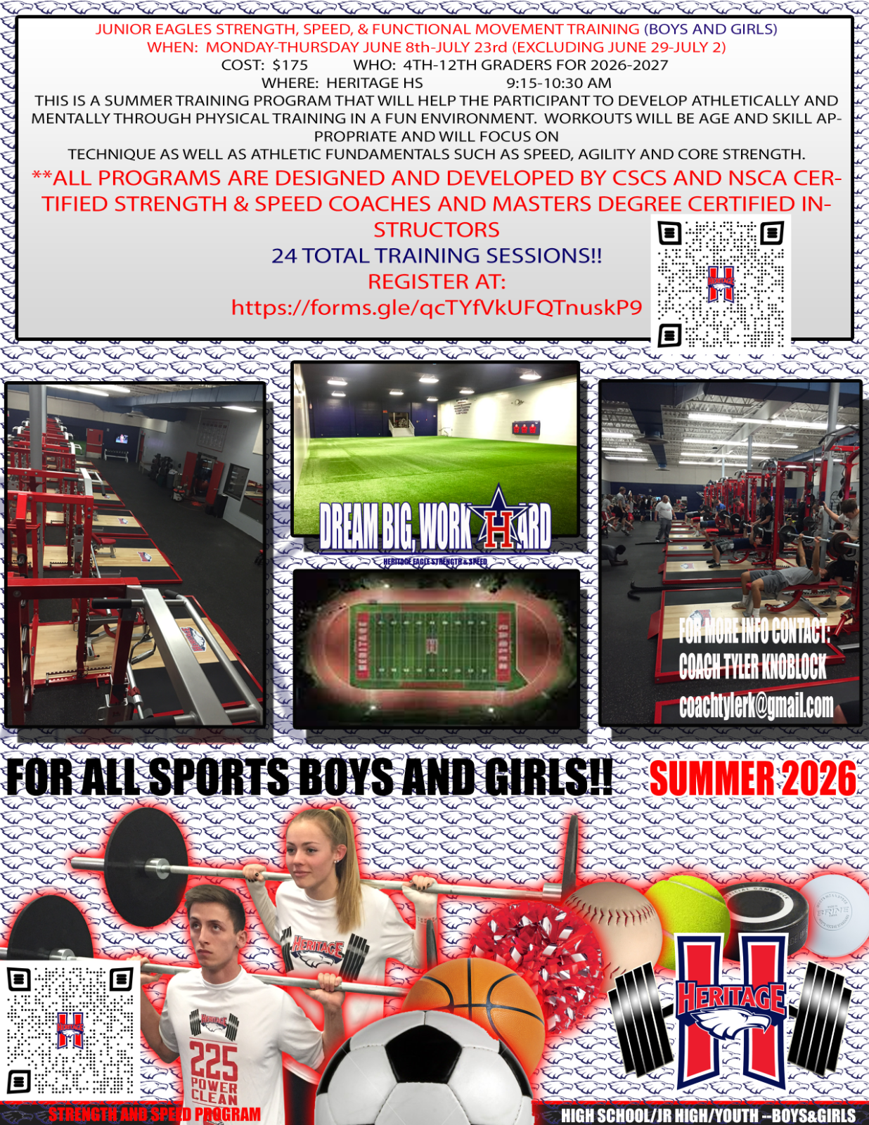 Sports camp flyer collage with gym scenes, field, scoreboard, and text “For All Sports Boys and Girls! Summer 2026”