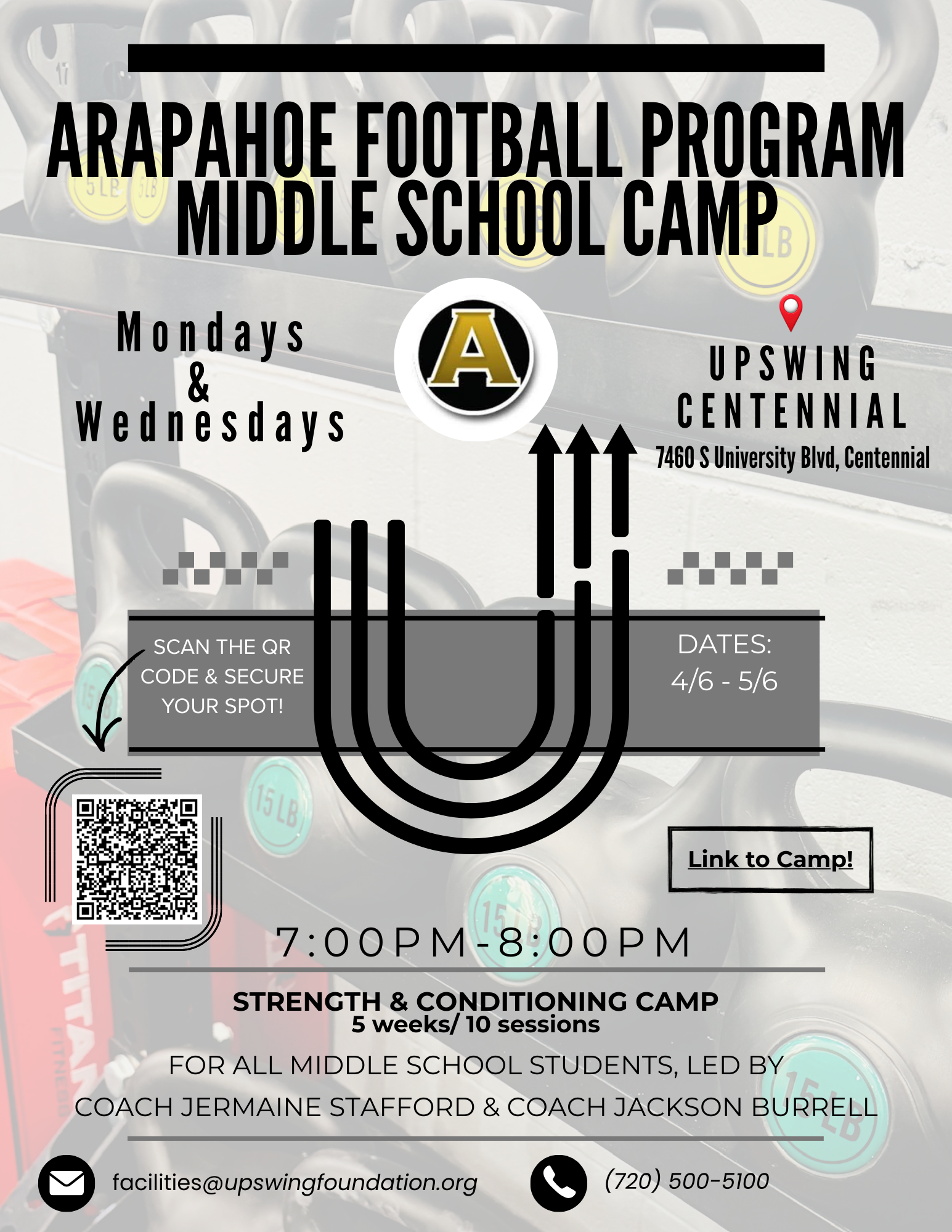 Arapahoe football middle school camp flyer with schedule, school logos, and registration QR code.
