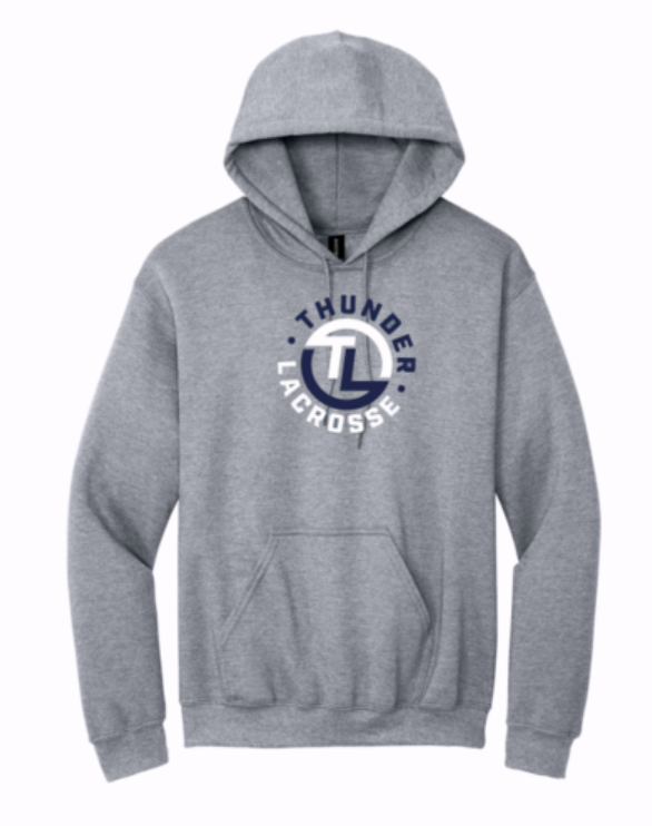 Gray pullover hoodie with front pocket and “Lamb Labs” logo print on the chest.
