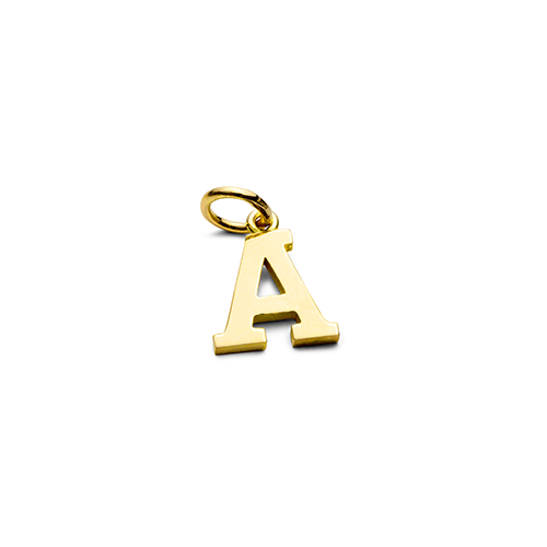 Ein goldener Buchstabe und ein Anhänger auf weißem Hintergrund.