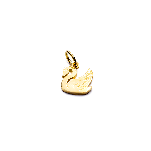 Ein goldener Anhänger in Form eines Schwans auf weißem Hintergrund