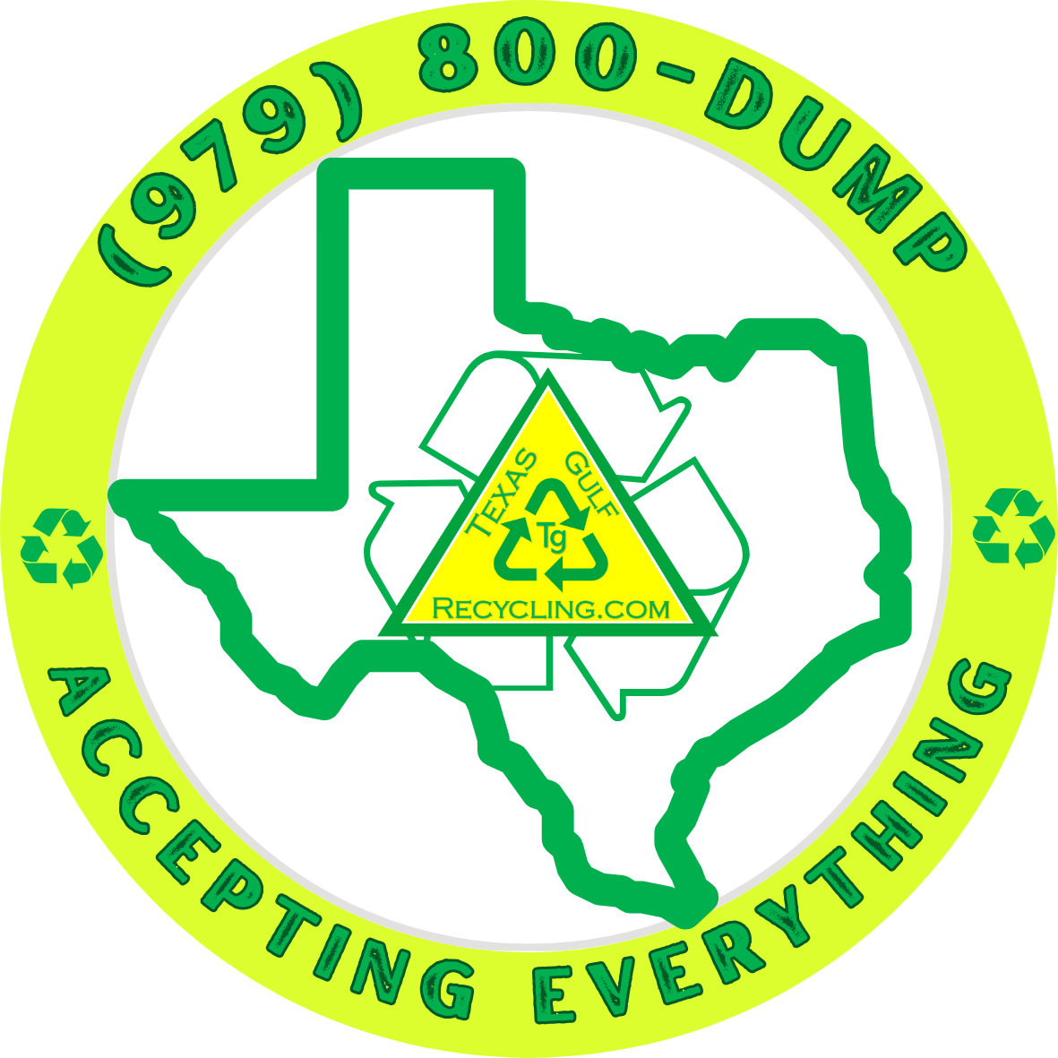 Logo: Texas outline, recycling symbol, (979) 800-DUMP,