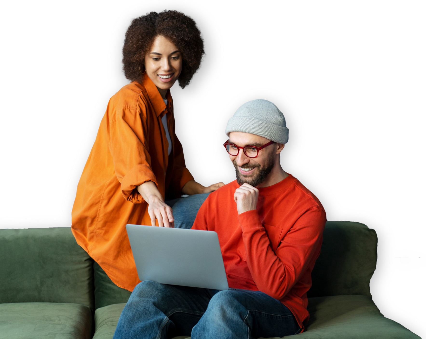 A man wearing glasses and a beanie is using a laptop computer.