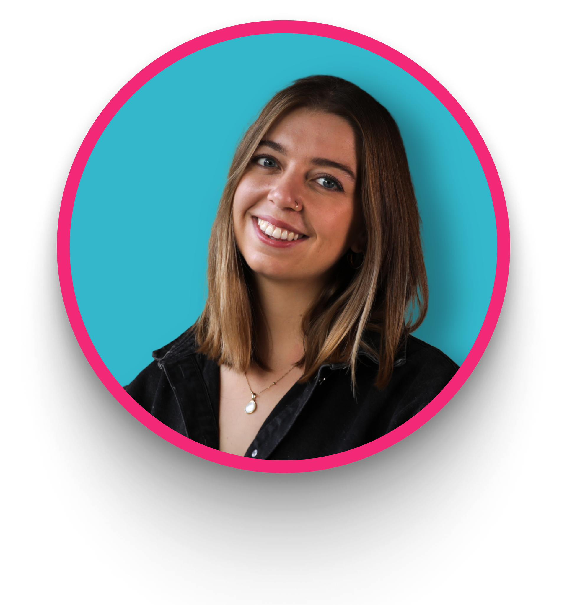 A woman is smiling in a pink circle on a blue background