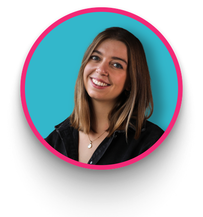 A woman is smiling in a pink circle on a blue background