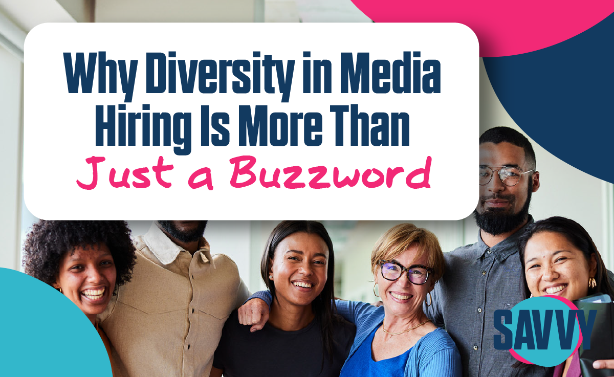 A group of people are posing for a picture with the caption why diversity in media hiring is more than just a buzzword.