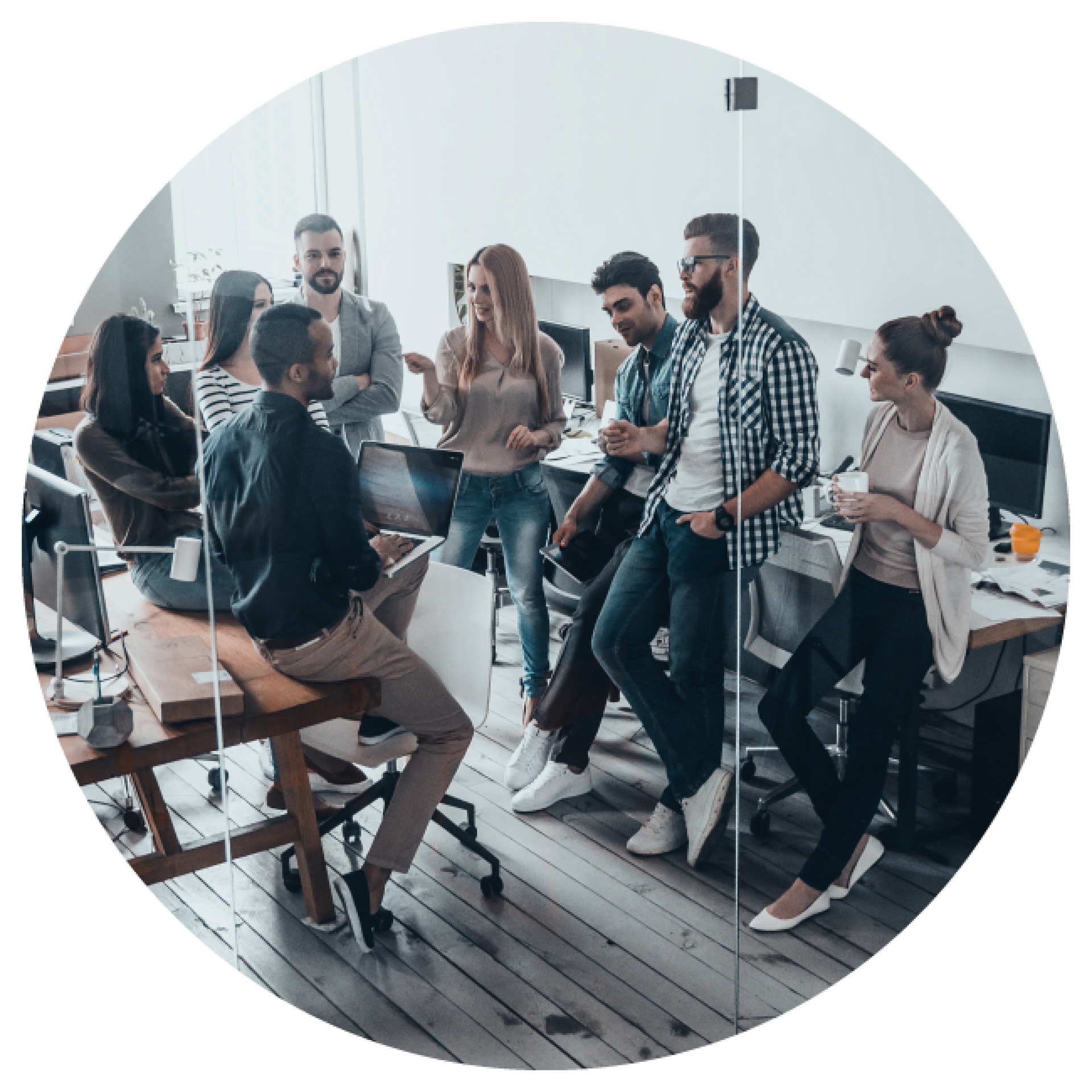 A group of people are having a meeting in an office.