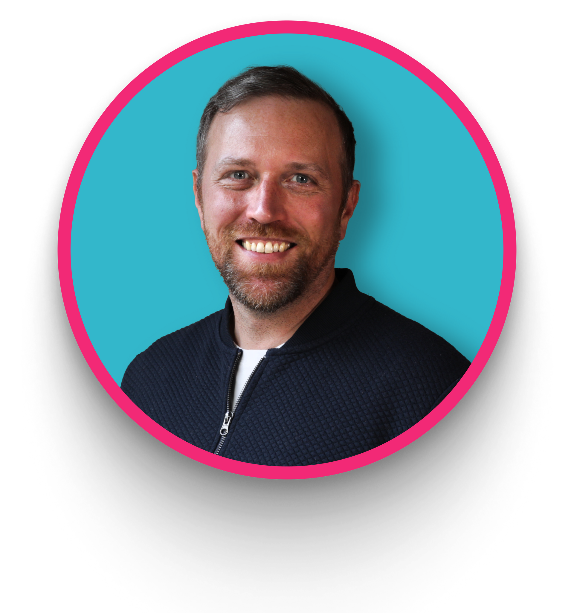 A man with a beard is smiling in a pink circle on a blue background