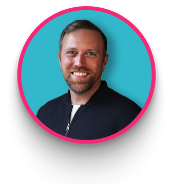 A man with a beard is smiling in a pink circle on a blue background