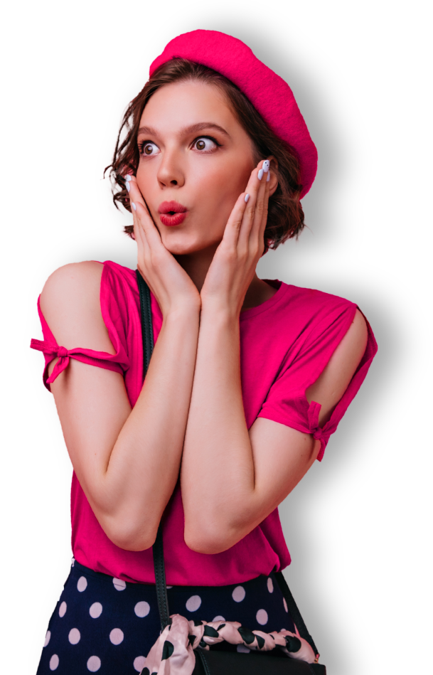 The woman is wearing a pink beret and a pink shirt.