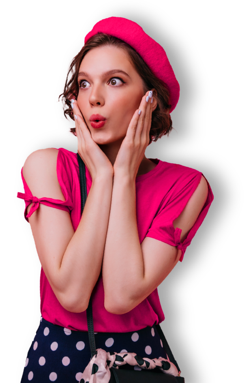 The woman is wearing a pink beret and a pink shirt.