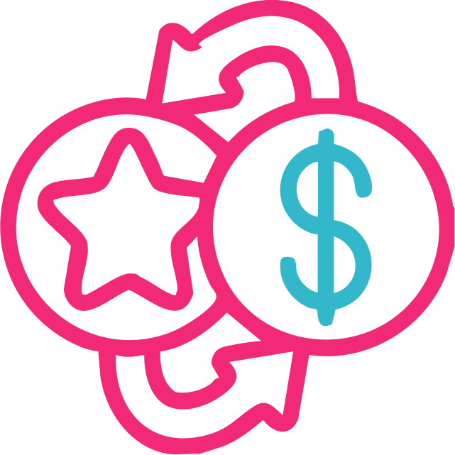 A pink and blue icon with a dollar sign and a star.