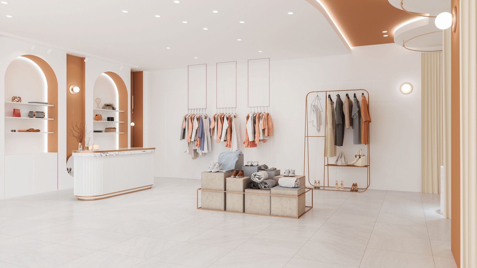 Minimalist boutique interior with white displays, hanging clothes, and warm peach accents