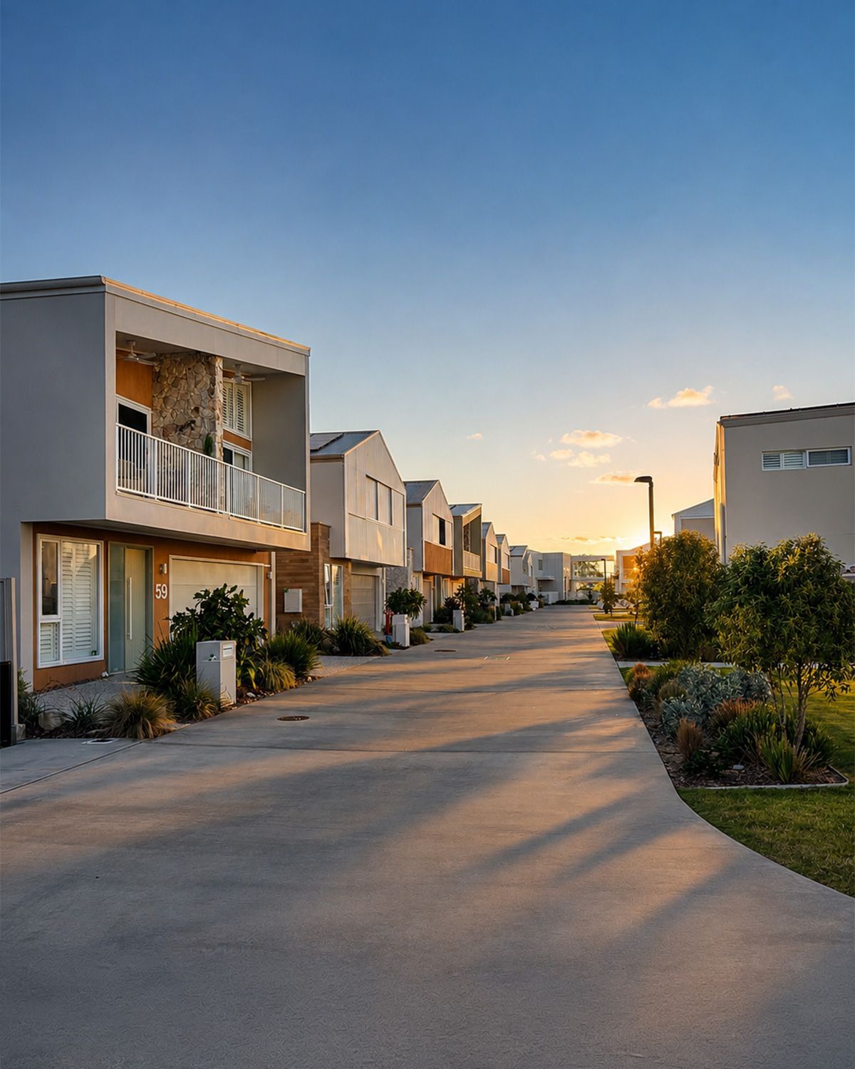 Modern apartment homes along a curving street at sunset, with warm light and landscaped gardens