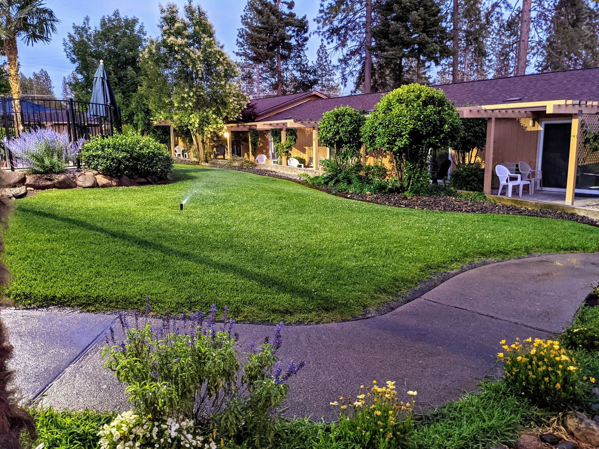 A house with a lush green lawn and a walkway leading to it in Paradise and Magalia, California