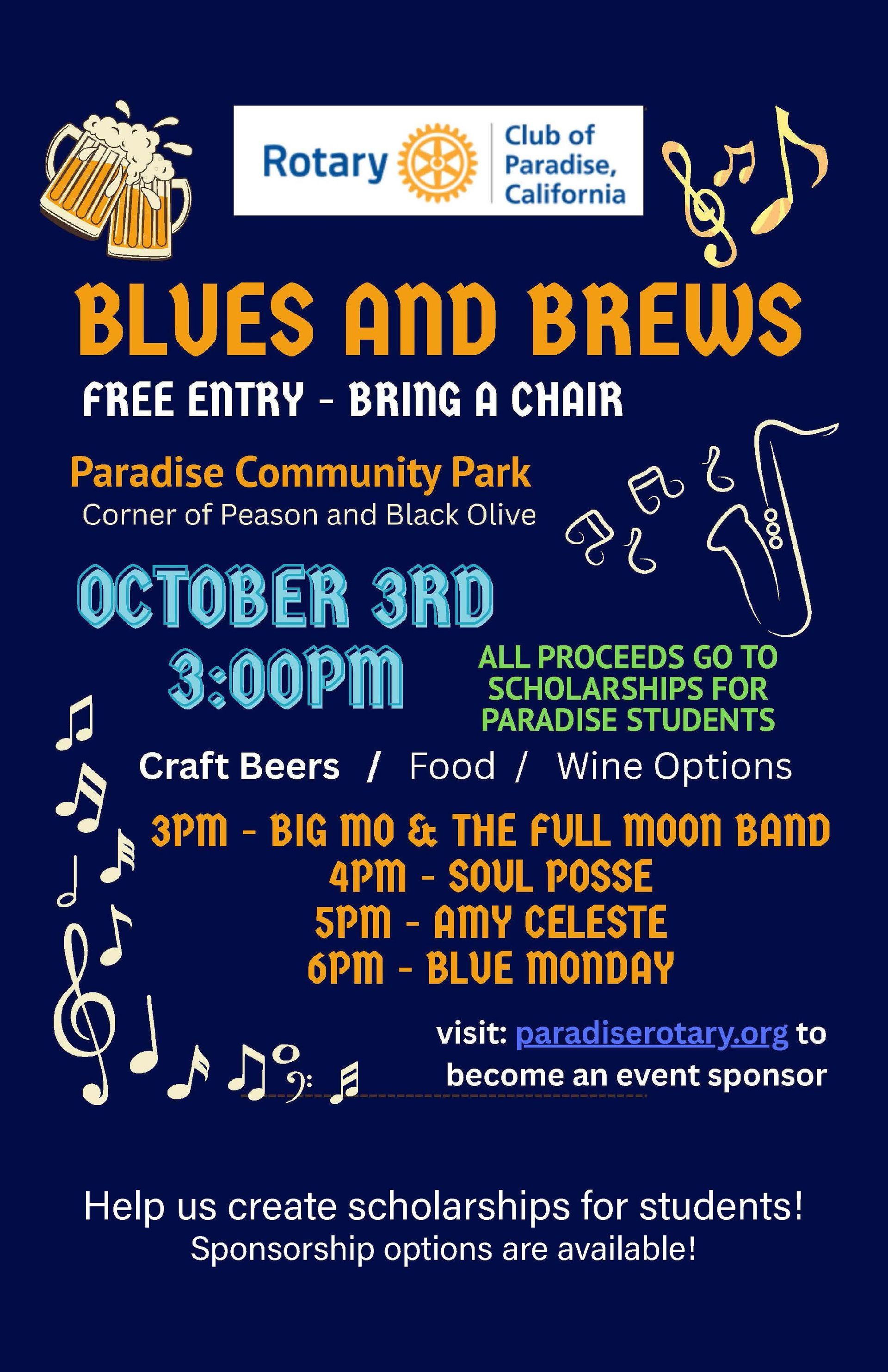 Blue and gold Blues and Brews fundraiser poster for Paradise Community Park, October 3rd, 3–7 PM.