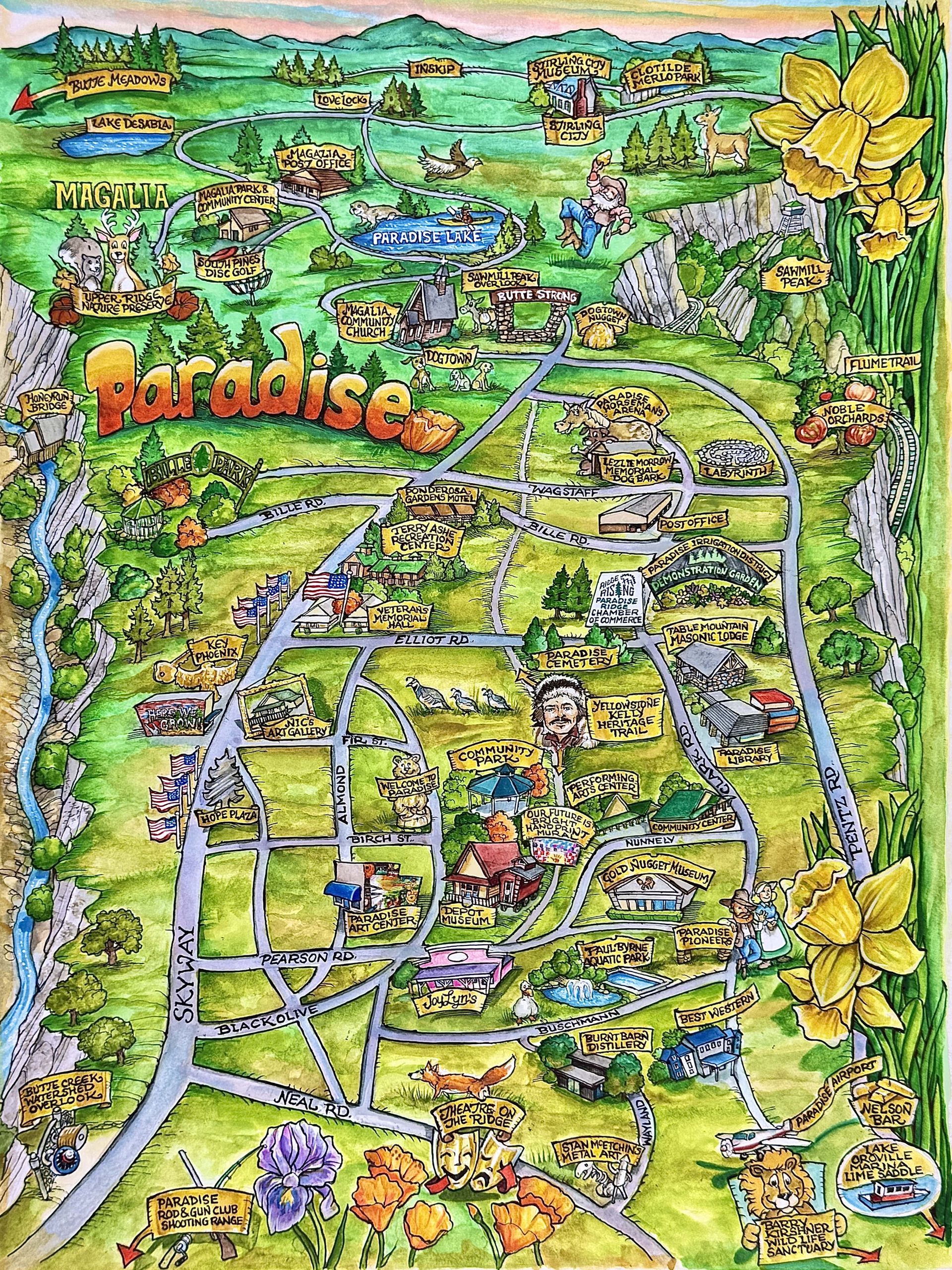 A cartoon map of paradise and magalia california