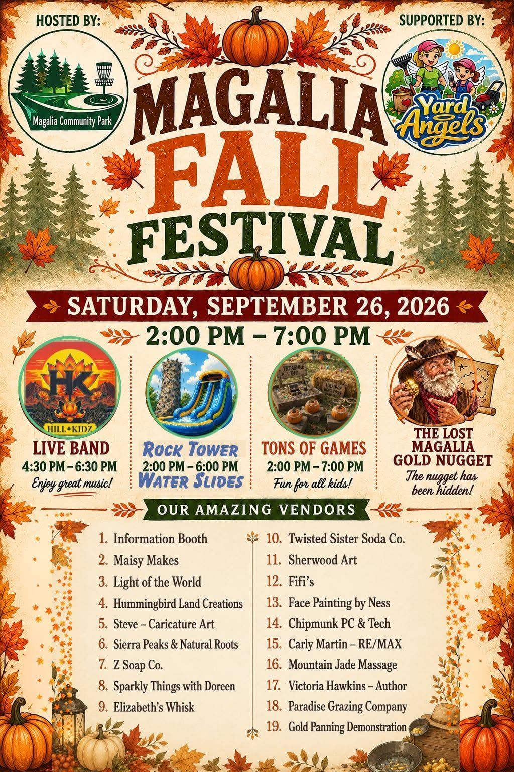 Magalia Fall Festival poster with autumn leaves, pumpkins, live band, food, games, and market info.