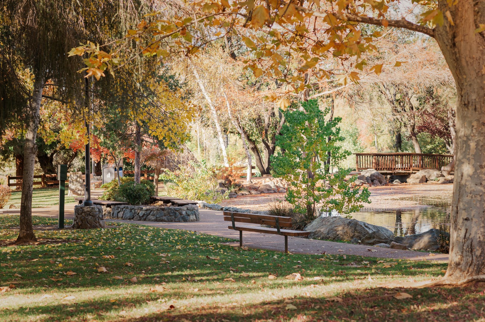 A park with trees and benches and a bridge in the background in Paradise and Magalia, California