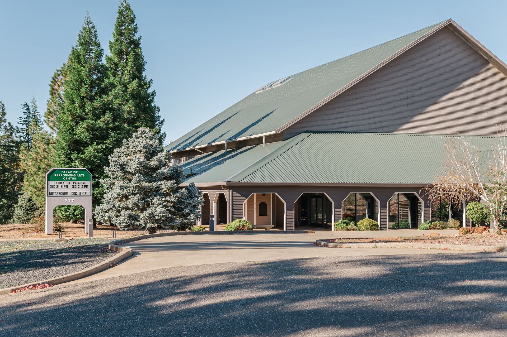 The exterior of the Paradise Performing Arts Center building