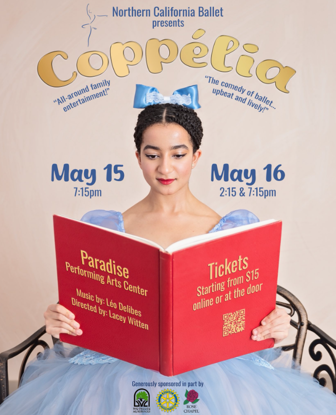 Ballet dancer in white reads a red Coppélia program poster with May 15 and 16 performance dates.