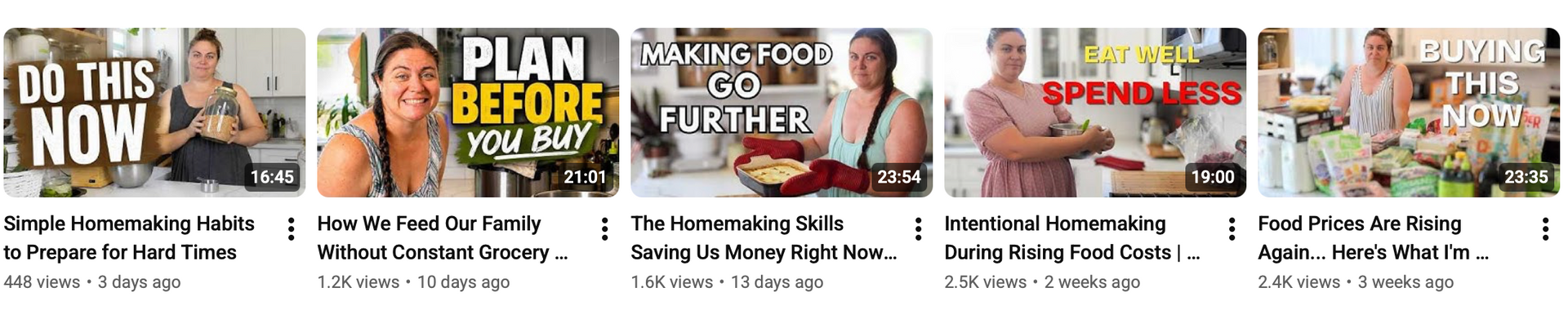 A row of YouTube thumbnail covers featuring bold text and people in various scenes.