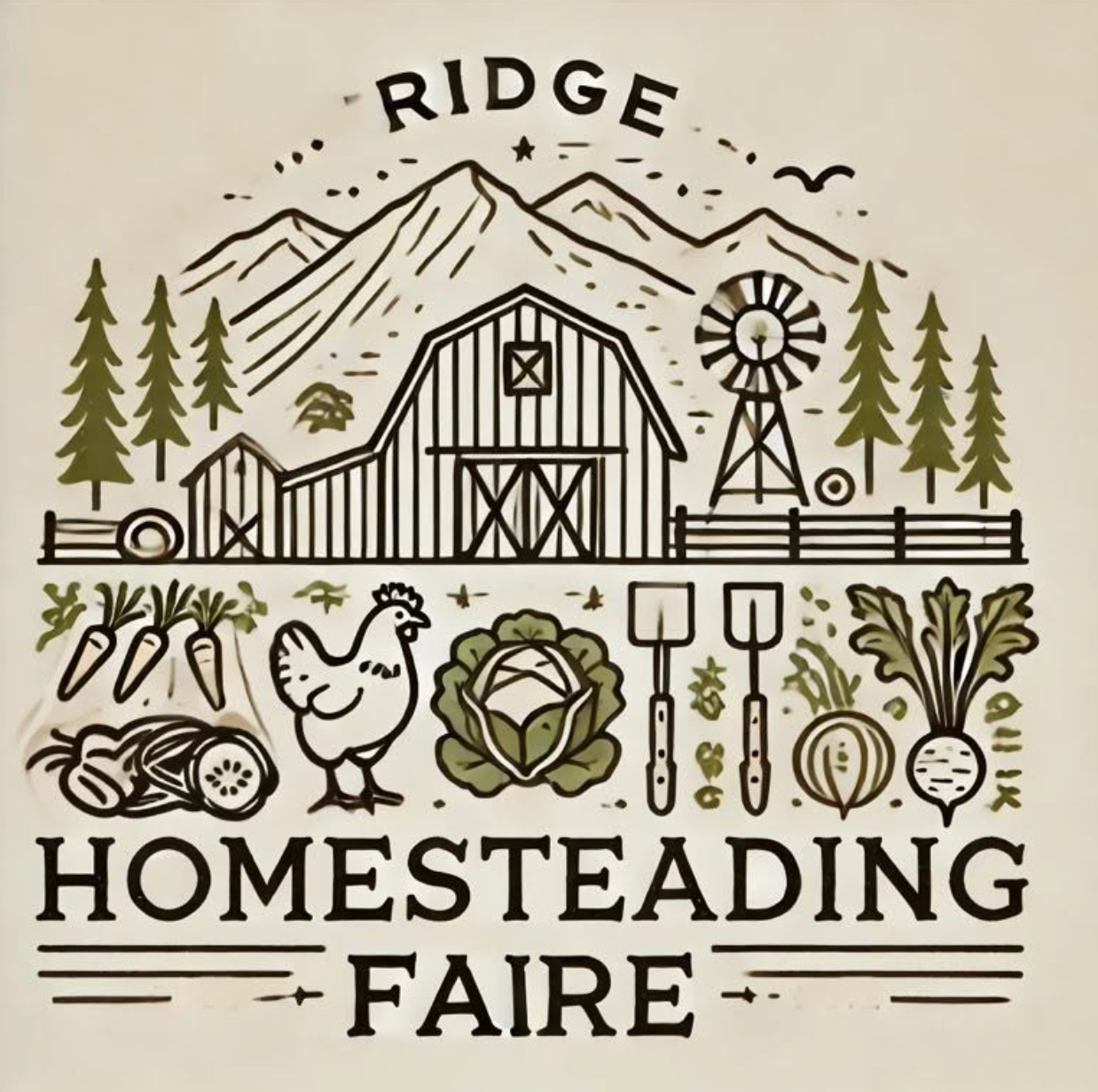 Ridge Homesteading Faire logo with barn, windmill, trees, chicken, vegetables, and rustic farm icons
