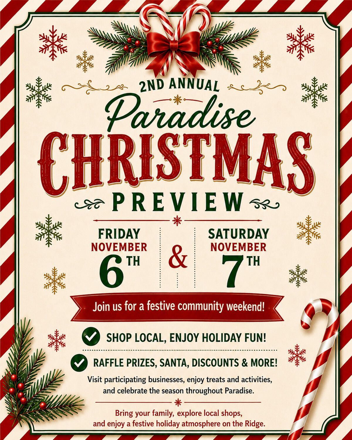 2nd annual Paradise Christmas Preview flyer with red and green holiday design, Dec. 6-7, shopping event details