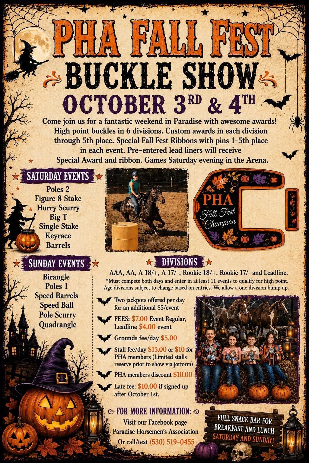 Fall fest buckle show poster for October 3rd and 4th with pumpkins, cowboy gear, and event details.