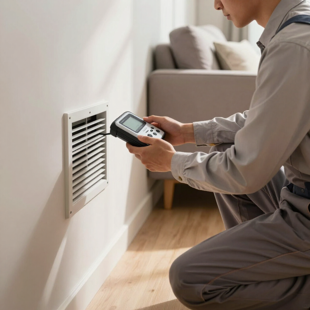 Gloved hands cleaning a dusty HVAC filter inside an air conditioning unit
