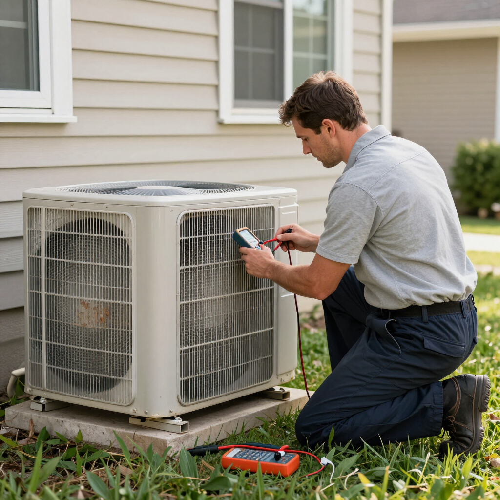 Technician kneeling beside outdoor AC unit, using a tool to inspect it by a house exterior.