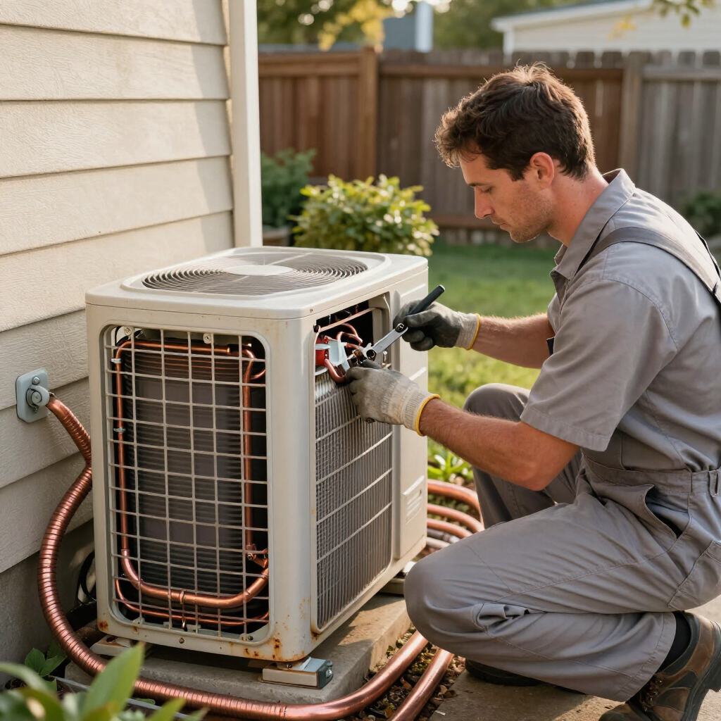 Technician servicing an outdoor air conditioner unit beside a house