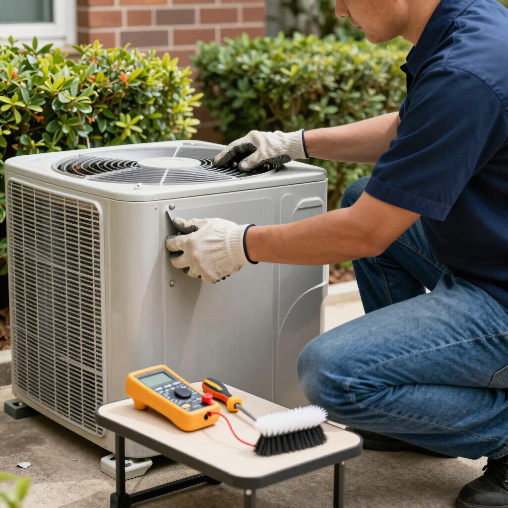 Technician cleaning a gray outdoor air conditioner unit with tools nearby