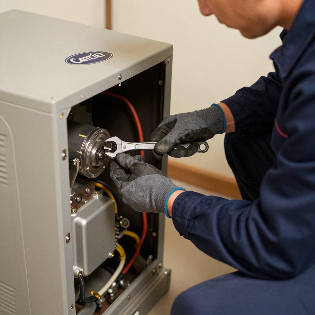 Technician using a wrench to service machinery inside a gray metal cabinet.