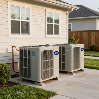 Two outdoor HVAC units beside a beige house with white siding and a concrete driveway