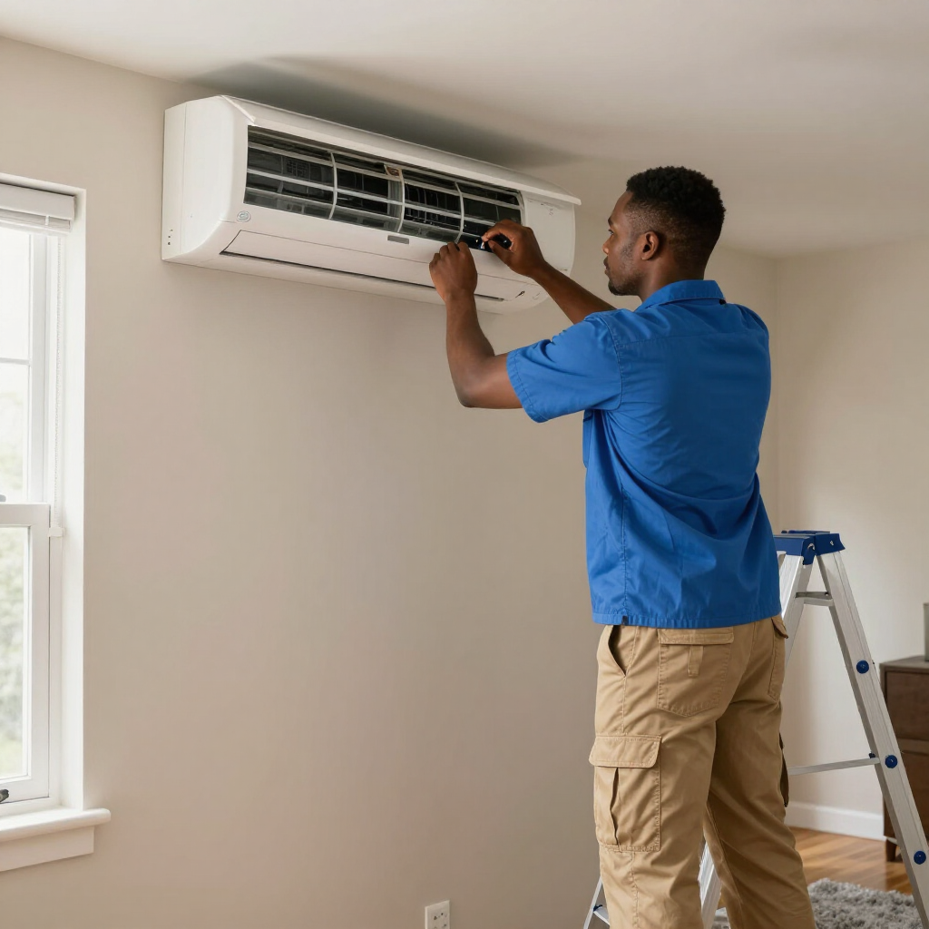 Technician in blue shirt repairs a wall-mounted air conditioner beside a window.