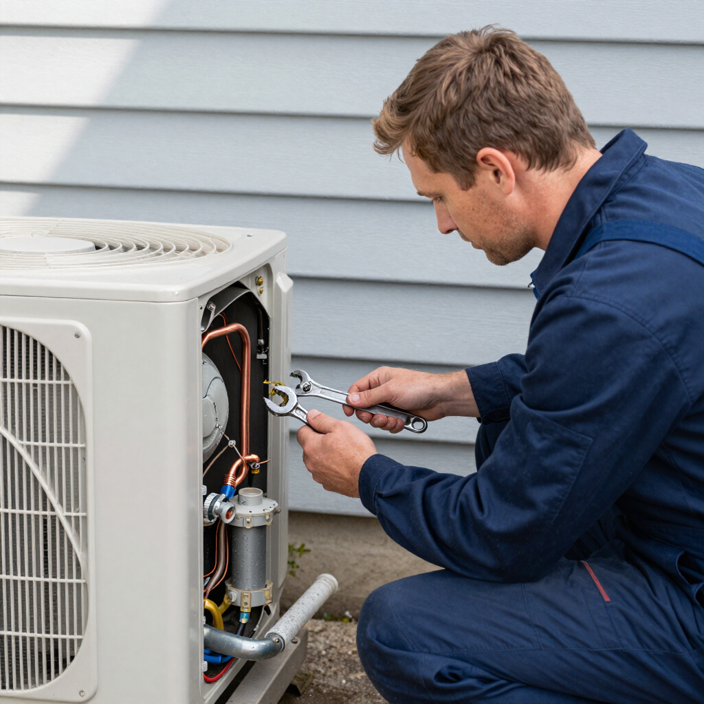 Technician repairing an outdoor air conditioner unit with tools beside a house.